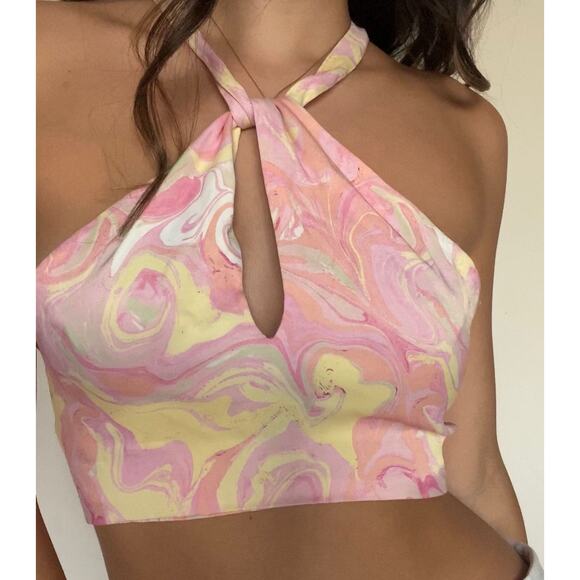Zara Satin Marbled Keyhole Crop Top XS Pink Yellow Watercolor Tie Back Halter - Picture 3 of 5